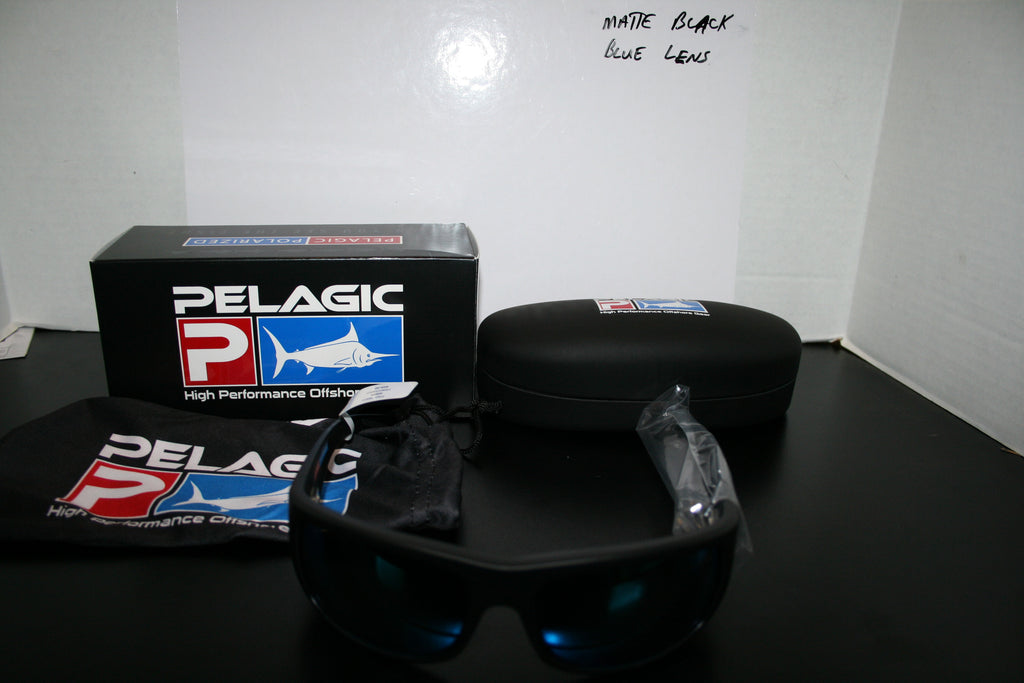 Pelagic Polarized FISH HOOK Matte Black Sunglasses Blue Lens Mirror New FREESHIP