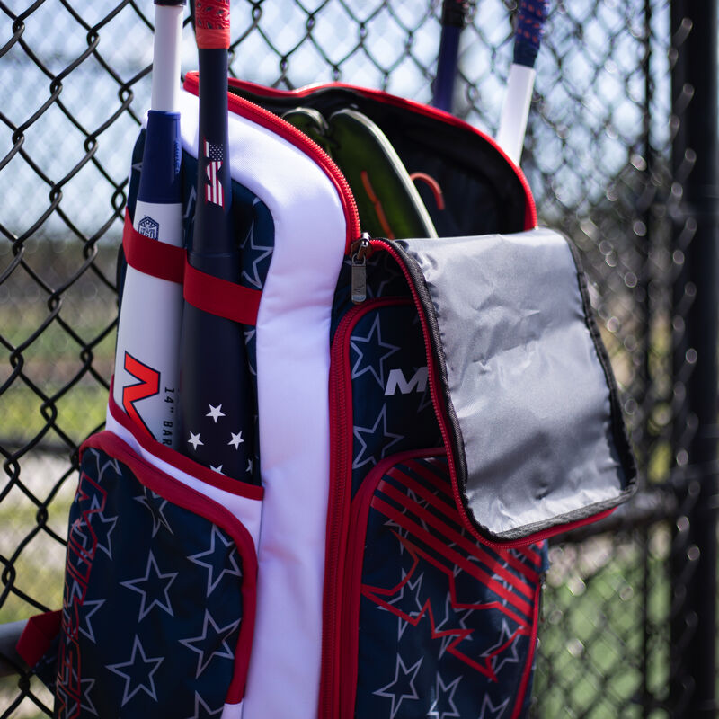 Miken Slowpitch Backpack Stars & Stripes Baseball Softball Fastpitch Holds 4 bats New